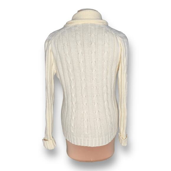 Cream Cable Knit Shawl Collar Cardigan Sweater Wood Buttons Front Pockets Medium - Picture 7 of 11